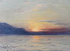 GEORGES RICHARD CORDINGLEY (1873-1939) PAIR OF OILS ON BOARD Sunsets at sea, one with sailing boats,