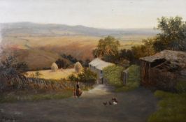 J HOLLAND Jr (1830-1886) OIL ON RELINED CANVAS Rural scene with maid and chicken in front of farm
