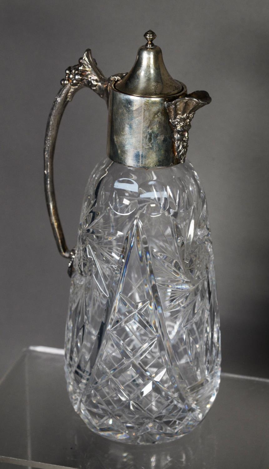 GOOD QUALITY CUT GLASS CLARET JUG, with electroplate neck with satyr mask-head spout, hinged lid and - Image 2 of 2