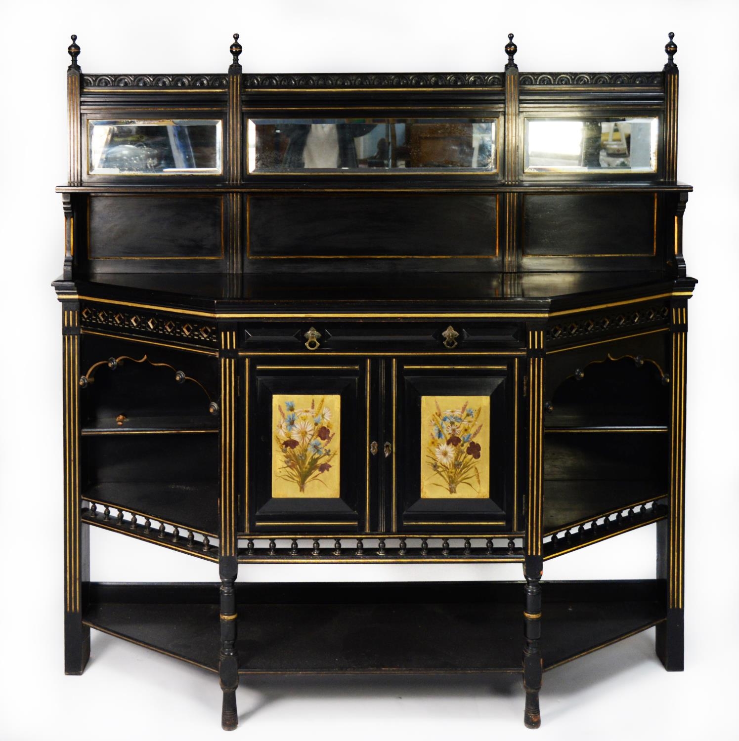 LATE VICTORIAN AESTHETICS MOVEMENT EBONISED AND PARCEL GILT MIRROR BACK SIDEBOARD, the canted oblong