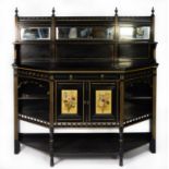 LATE VICTORIAN AESTHETICS MOVEMENT EBONISED AND PARCEL GILT MIRROR BACK SIDEBOARD, the canted oblong