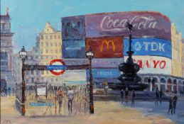 LANA OKIRO (MODERN) OIL N BOARD ‘Piccadilly Circus’ Initialled, titled to gallery label verso
