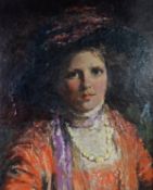 ATTRIBUTED TO SARAH HENRIETTA PURSER (1848-1943) OIL ON BOARD Bust portrait of a society lady