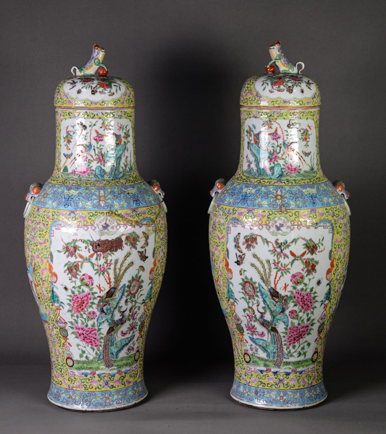 PAIR OF TWENTIETH CENTURY CHINESE FAMILLE JAUNE PORCELAIN LARGE VASES AND COVERS, each of baluster - Image 3 of 6