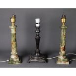 PAIR OF GREEN ONYX PLAIN COLUMN TABLE LAMPS on circular socles and square stepped bases, gilt