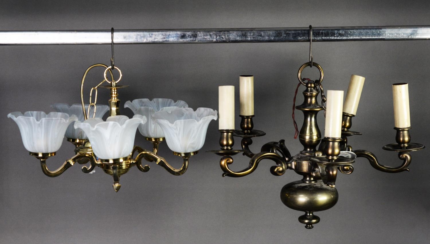 DUTCH STYLE HEAVY BRASS FIVE LIGHT ELECTROLIER, with scroll arms, 23” (58.4cm) drop, together with