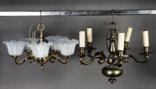 DUTCH STYLE HEAVY BRASS FIVE LIGHT ELECTROLIER, with scroll arms, 23” (58.4cm) drop, together with