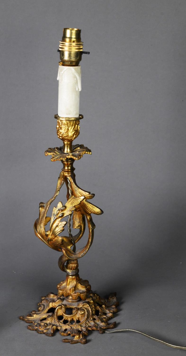 GILT METAL ROCOCO OPENWORK TABLE LAMP with foliate scroll column, leaf embossed urn shaped sconce - Image 2 of 2