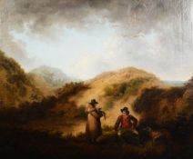 GEORGE MORLAND (1763-1804) OIL PAINTING ON RELINED CANVAS Landscape with two figures with game and