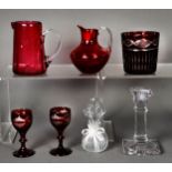 VICTORIAN CRANBERRY GLASS MILK JUG; ruby glass BULBOUS JUG; pair of 19th Century ruby stained and