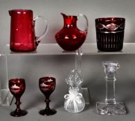 VICTORIAN CRANBERRY GLASS MILK JUG; ruby glass BULBOUS JUG; pair of 19th Century ruby stained and