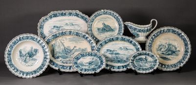 SIXTY ONE PIECE VICTORIAN COPELAND BLUE AND WHITE POTTERY PART DINNER SERVICE, printed with wild