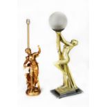ART DECO SILVER PAINTED PLASTER FIGURAL TABLE LAMP, modelled as a naked female figure in stylised