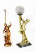 ART DECO SILVER PAINTED PLASTER FIGURAL TABLE LAMP, modelled as a naked female figure in stylised