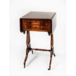 REGENCY MAHOGANY LADY’S WORK TABLE, the rounded oblong drop leaf top, set above a pair of drawers