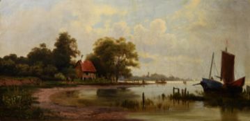 J BAYER (NINETEENTH CENTURY) OIL PAINTING ON RELINED CANVAS Landscape with an estuary Signed & dated