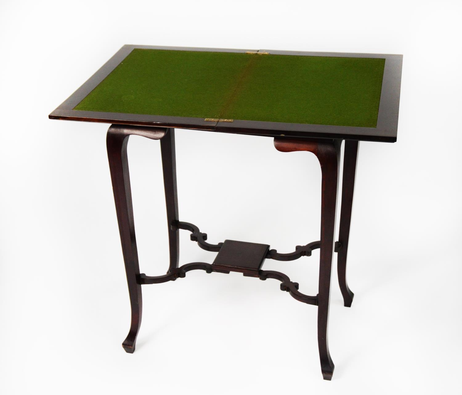 A DARK MAHOGANY OBLONG CARD TABLE, with swivel and flap top, on shaped cabriole supports with shaped - Image 2 of 2