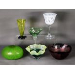 SIX PIECES OF MODERN ART GLASS BY GILLIES JONES, comprising: ‘LANDSCAPE STUDY’ BOWL, pink over grey,