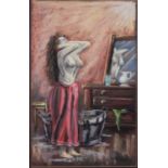 BERNARD McMULLEN (1952-2015) PASTEL Semi naked female bather standing in the bathroom Signed,