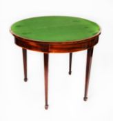 GEORGE III MAHOGANY AND LINE INLAID FOLD OVER CARD TABLE, of demi-lune form with double gate action,
