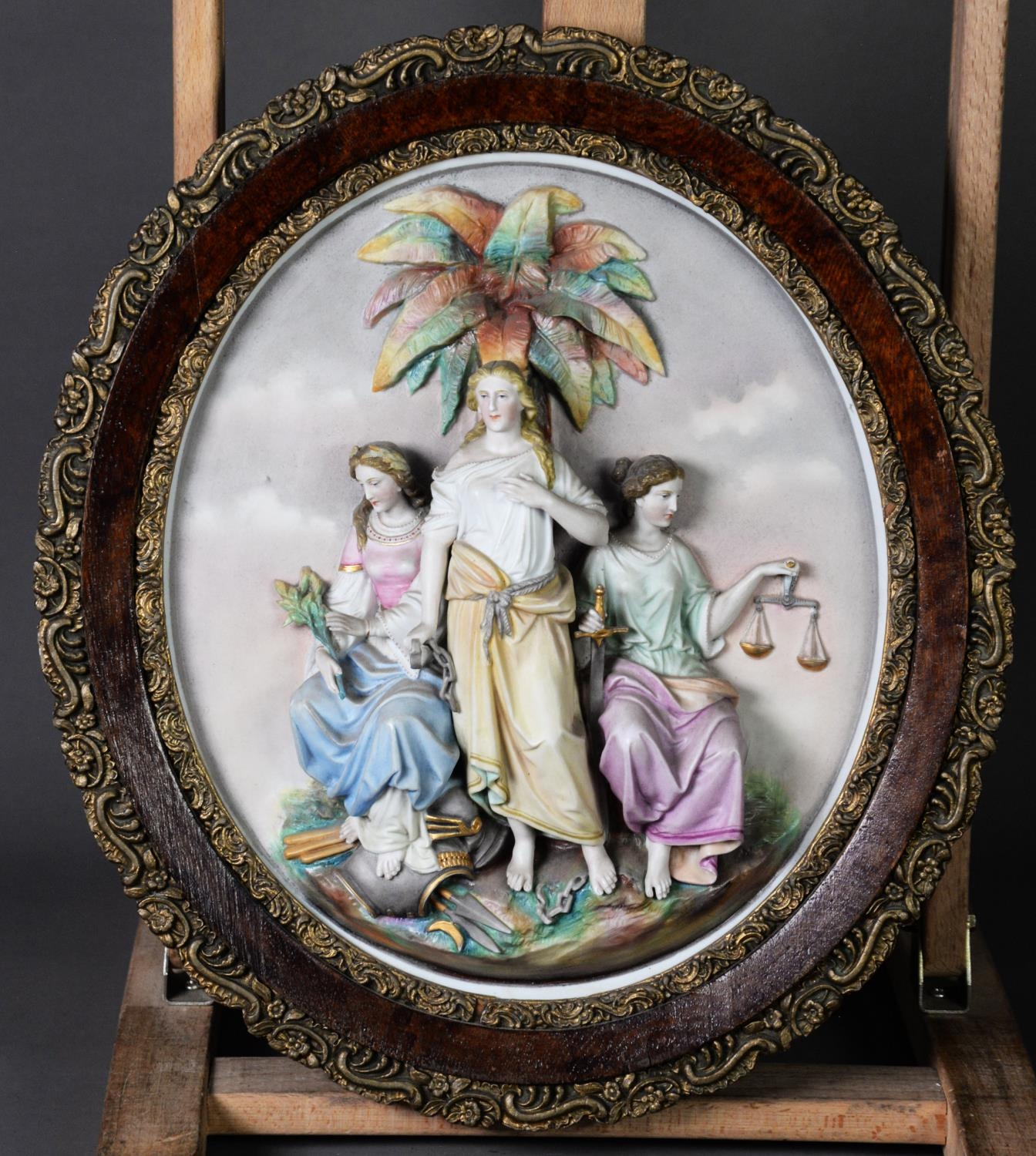 PAIR OF CONTINENTAL TINTED BISQUE ALLEGORICAL RELIEF MOULDED OVAL WALL PLAQUES, each painted in - Image 2 of 2