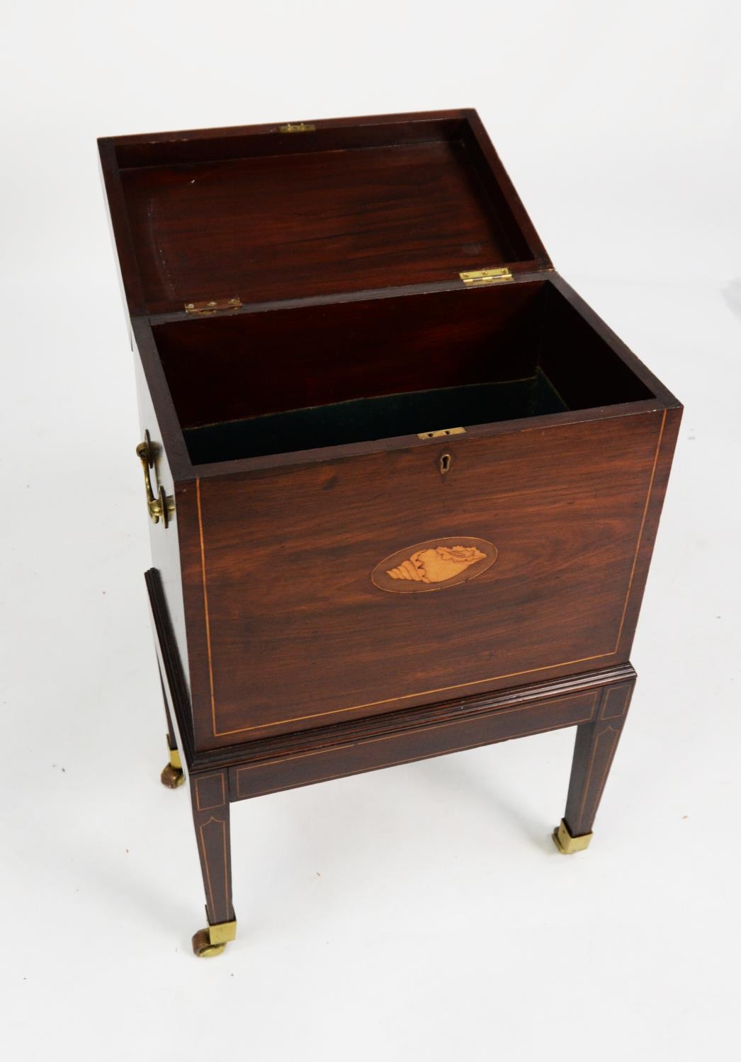 GEORGE III INLAID MAHOGANY CELLARETTE, the oblong top with oval shell inlay, set above a matching - Image 5 of 6