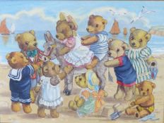 DOREEN EDMOND (CONTEMPORARY) OIL PAINTING ON CANVAS Nine Teddy Bears and a Donkey at the Seaside