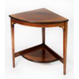 AN EDWARDIAN LINE INLAID ROSEWOOD CORNER TABLE, with under-shelf, on three square tapering legs, 2'