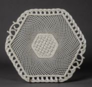 BELLEEK PORCELAIN TWO HANDLED SERVING PLATE, of hexagonal form with ozier pattern panel to the woven