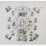 BLACK AND WHITE PRINTED LINEN PANEL commemorating the Jubilee of Queen Victoria 1837 - 1887 with