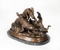 AFTER P J MENE, TWENTIETH CENTURY CAST BRONZE MODEL OF TWO DOGS ATTACKING A WATERFOWL, bearing