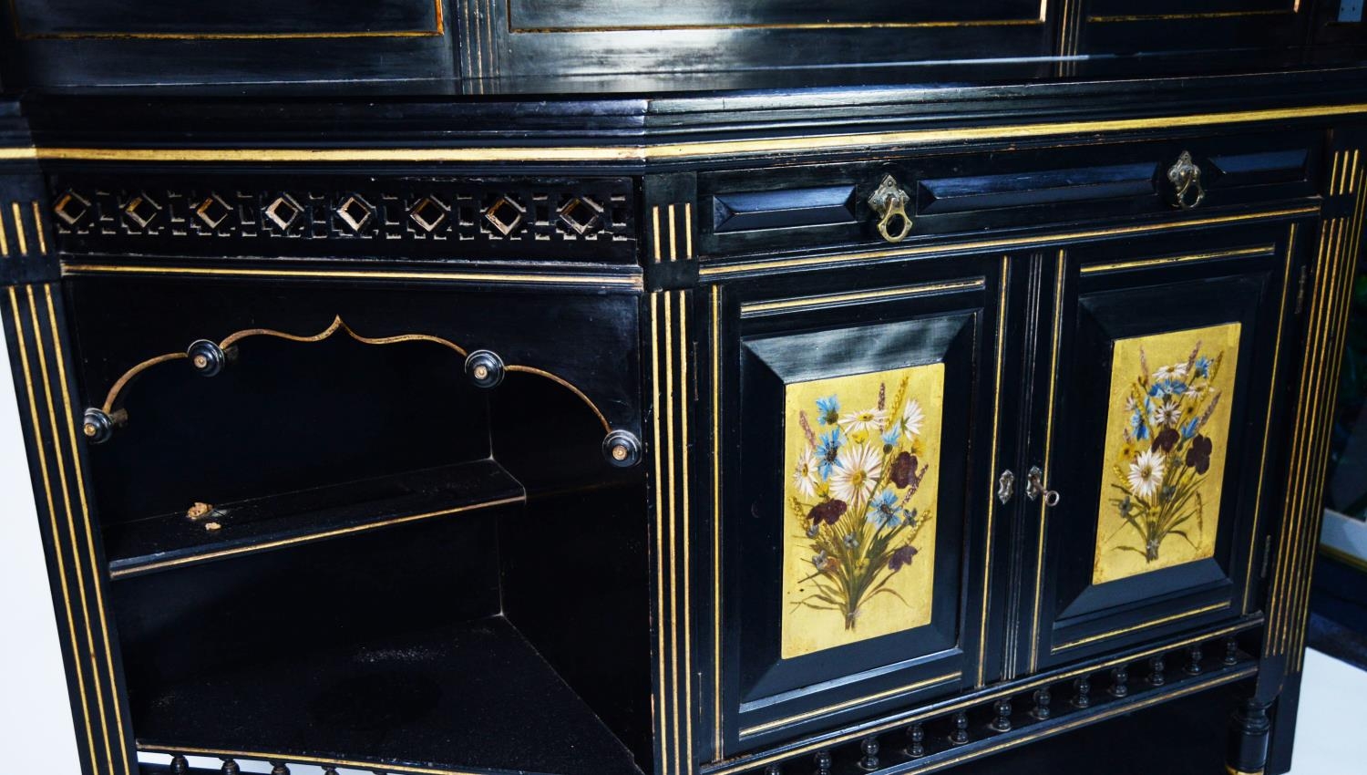 LATE VICTORIAN AESTHETICS MOVEMENT EBONISED AND PARCEL GILT MIRROR BACK SIDEBOARD, the canted oblong - Image 2 of 2