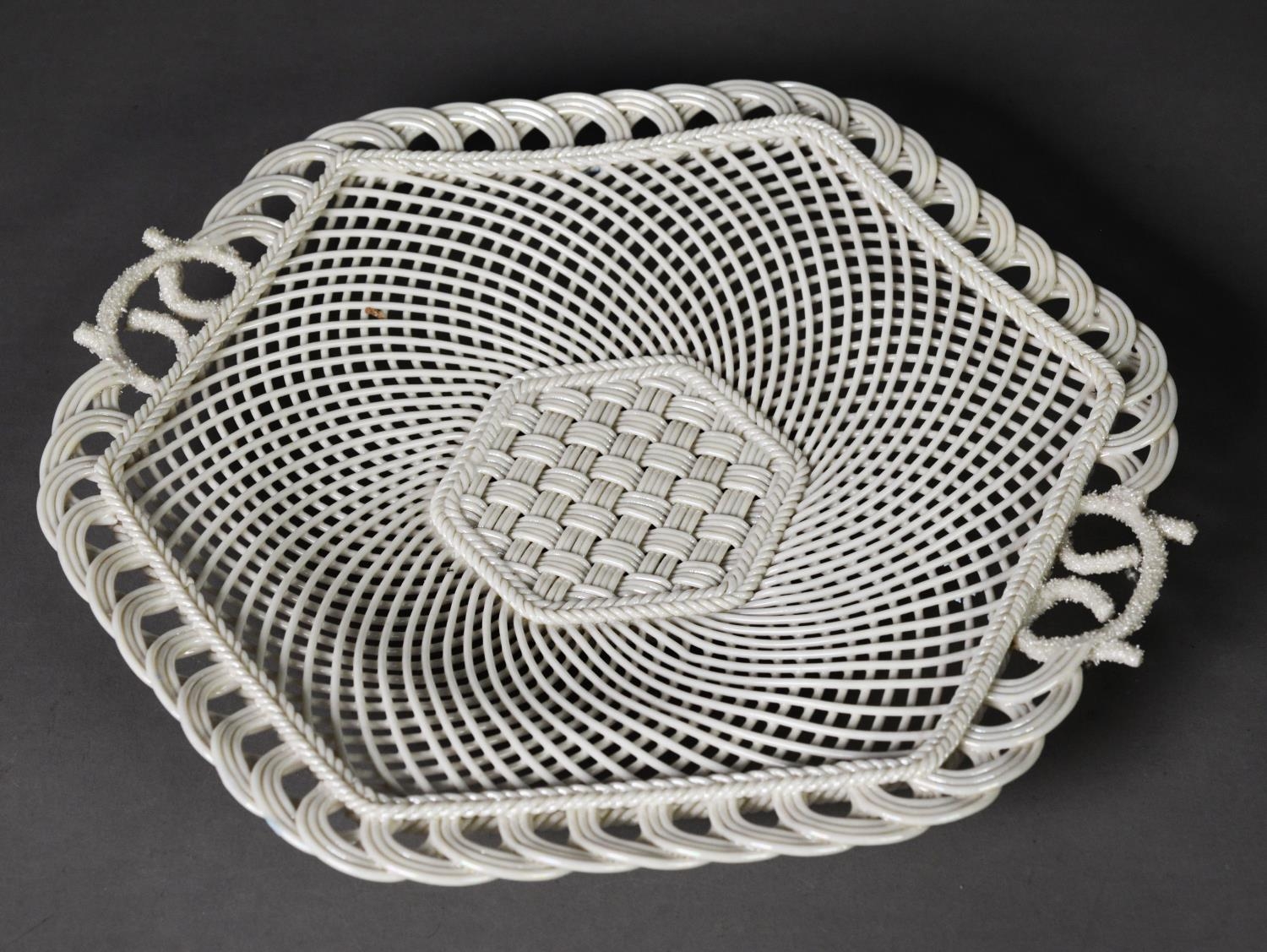 BELLEEK PORCELAIN TWO HANDLED SERVING PLATE, of hexagonal form with ozier pattern panel to the woven - Image 2 of 2