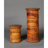 TWO VINTAGE TURNED WOOD SPICE TOWERS, one four tier, 8 1/4in (21cm) high and one two tier, 4in (