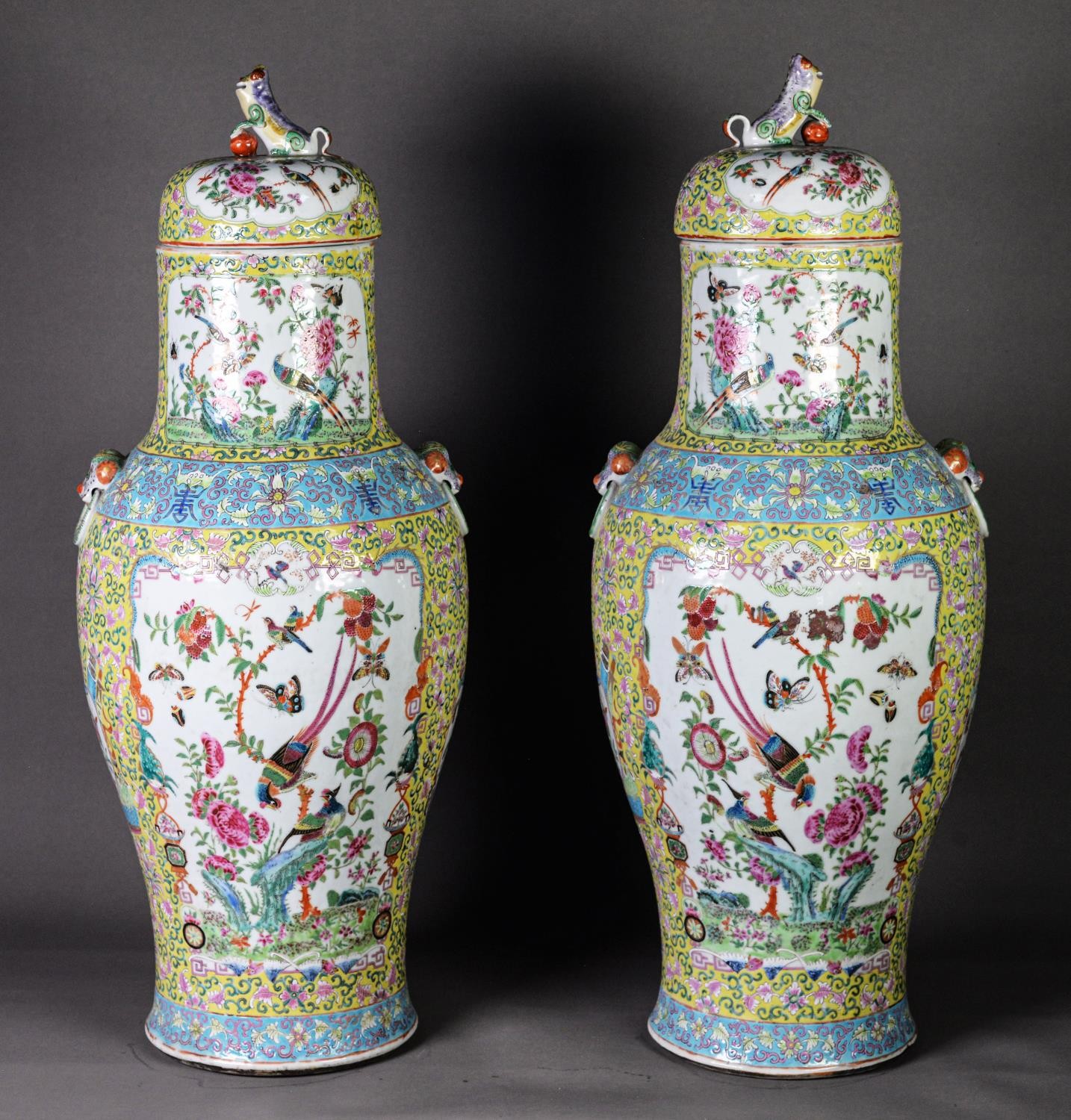 PAIR OF TWENTIETH CENTURY CHINESE FAMILLE JAUNE PORCELAIN LARGE VASES AND COVERS, each of baluster