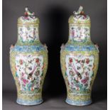 PAIR OF TWENTIETH CENTURY CHINESE FAMILLE JAUNE PORCELAIN LARGE VASES AND COVERS, each of baluster