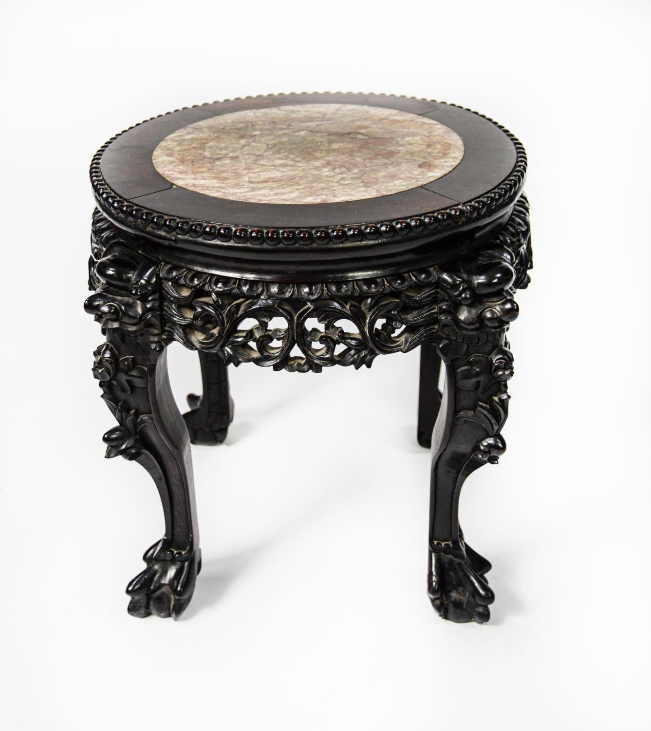 CHINESE LATE QING DYNASTY CARVED HARDWOOD JARDINIERE STAND, with inset marble top, 20" (51cm)