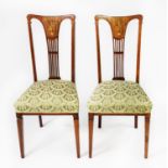A PAIR OF EDWARDIAN MARQUETRY INLAID MAHOGANY SINGLE CHAIRS, with pierced splat backs (2)