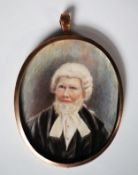 MID TO LATE NINETEENTH CENTURY OVAL PORTRAIT MINIATURE ON IVORY OF A BARRISTER OR KING’S COUNSEL,