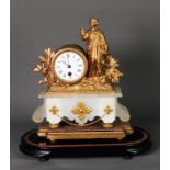 LATE NINETEENTH CENTURY FRENCH ALABASTER AND GILDED SPELTER FIGURAL MANTLE CLOCK, the 3” enamelled