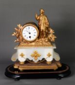 LATE NINETEENTH CENTURY FRENCH ALABASTER AND GILDED SPELTER FIGURAL MANTLE CLOCK, the 3” enamelled