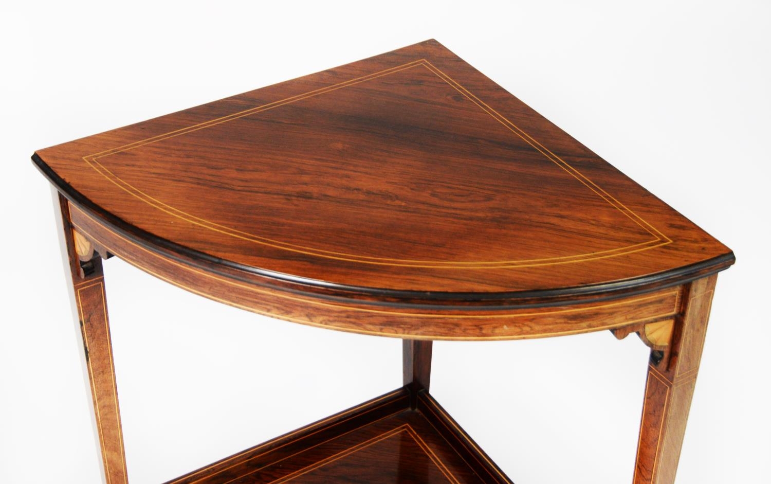 AN EDWARDIAN LINE INLAID ROSEWOOD CORNER TABLE, with under-shelf, on three square tapering legs, 2' - Image 2 of 3