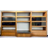 IMPRESSIVE MODERN DISPLAY ENTERTAINMENT UNIT, in three parts with open shelves and drop down black