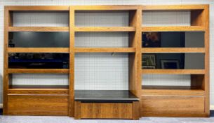 IMPRESSIVE MODERN DISPLAY ENTERTAINMENT UNIT, in three parts with open shelves and drop down black