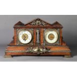 EARLY TWENTIETH CENTURY FRENCH GILT METAL MOUNTED OAK DESK TOP COMBINATION CLOCK, BAROMETER AND