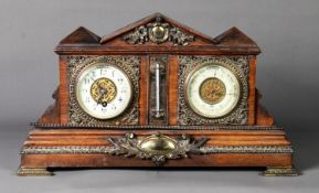 EARLY TWENTIETH CENTURY FRENCH GILT METAL MOUNTED OAK DESK TOP COMBINATION CLOCK, BAROMETER AND
