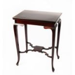 A DARK MAHOGANY OBLONG CARD TABLE, with swivel and flap top, on shaped cabriole supports with shaped