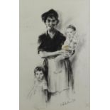 BOB RICHARDSON (b. 1938) PENCIL AND CHARCOAL DRAWING Mother with child in her arms and little girl