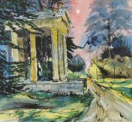 JOHN LANCASTER (b.1930) INK AND WATERCOLOUR ‘Evening Glow, Lakeside Pavilion, Stowe’ Signed,