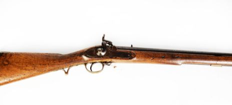 EAST INDIA 'BROWN BESS' TYPE 19th CENTURY PERCUSSION MUSKET, the lock plate egraved with standing